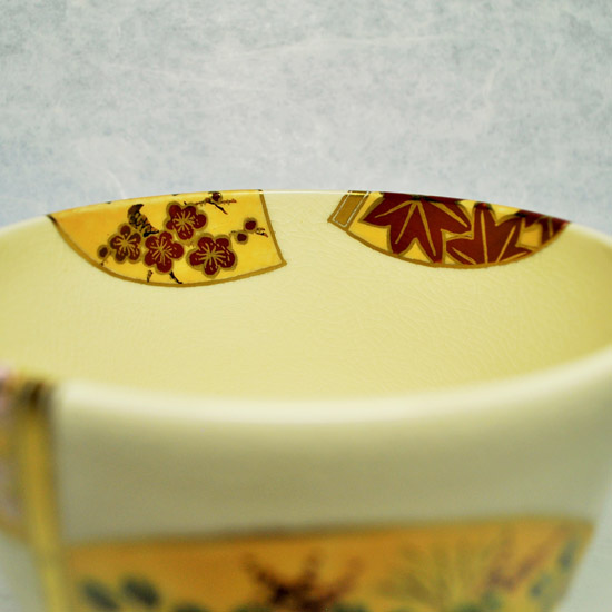 抹茶碗 扇面四季草花 橋本城岳作 京焼の色絵の通年もの抹茶碗